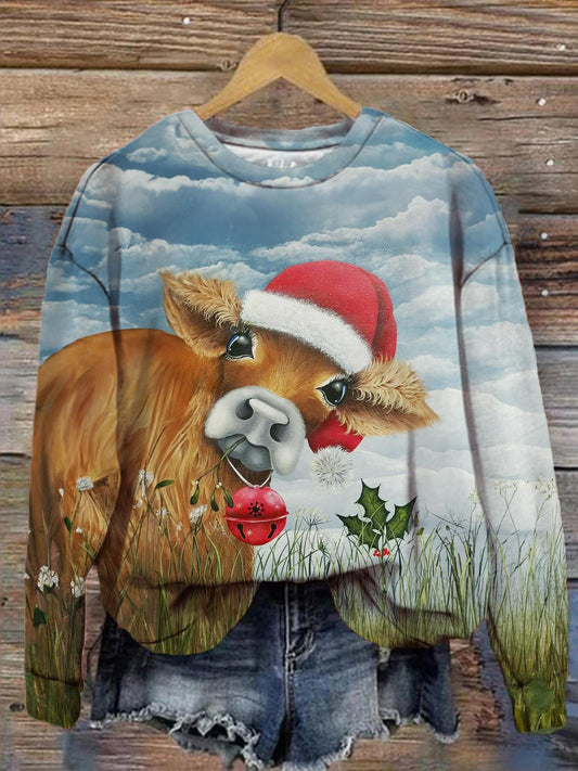 Women's Christmas Cute Cow Ranch Print Casual Long Sleeve Top