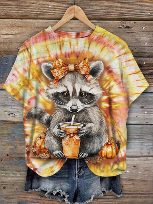 Fall Raccoon Print Casual Tie Dye Top