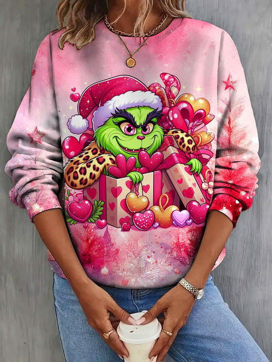 Women's Christmas Monster Gift Print Casual Long Sleeve Top