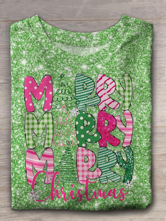 Merry Christmas Pink Crew Neck T-shirt