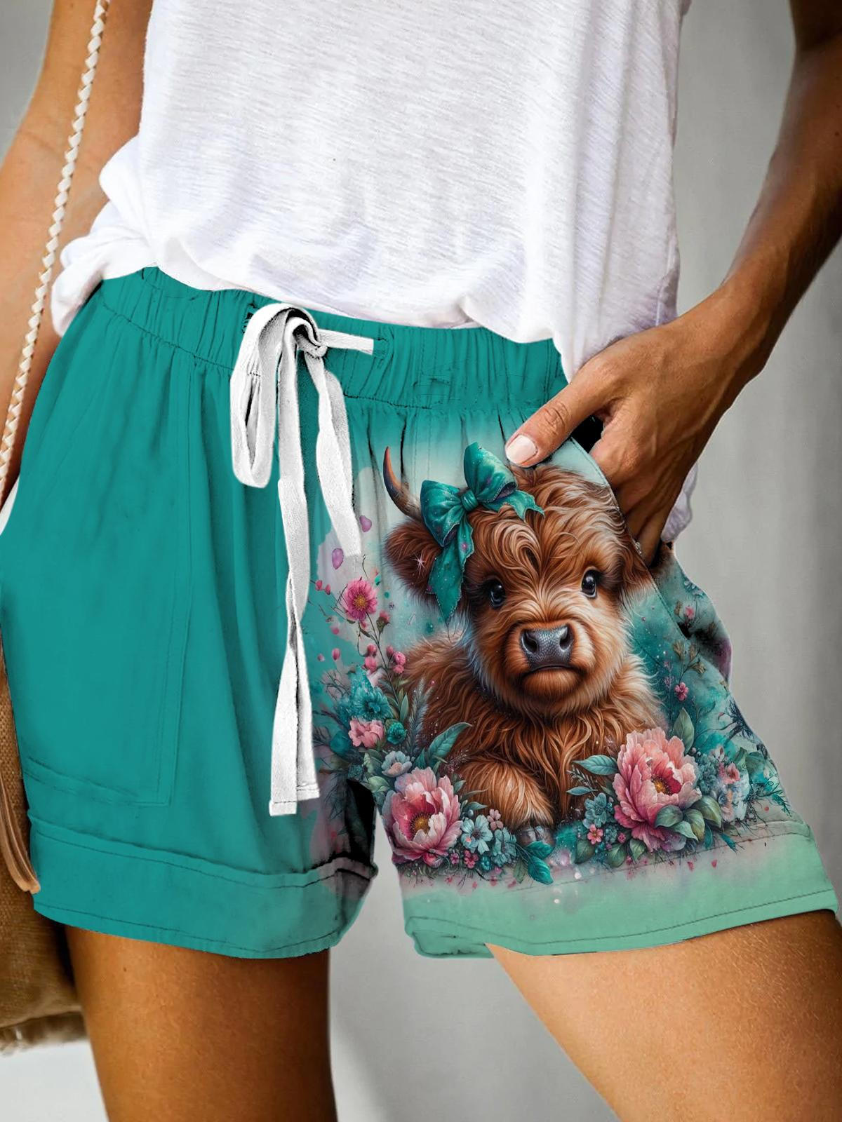 Mint Mambo Highland Cow Print Casual Shorts