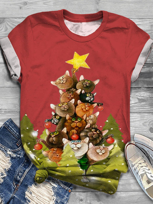 Women's Christmas Cat Christmas Tree Print Crew Neck T-shirt