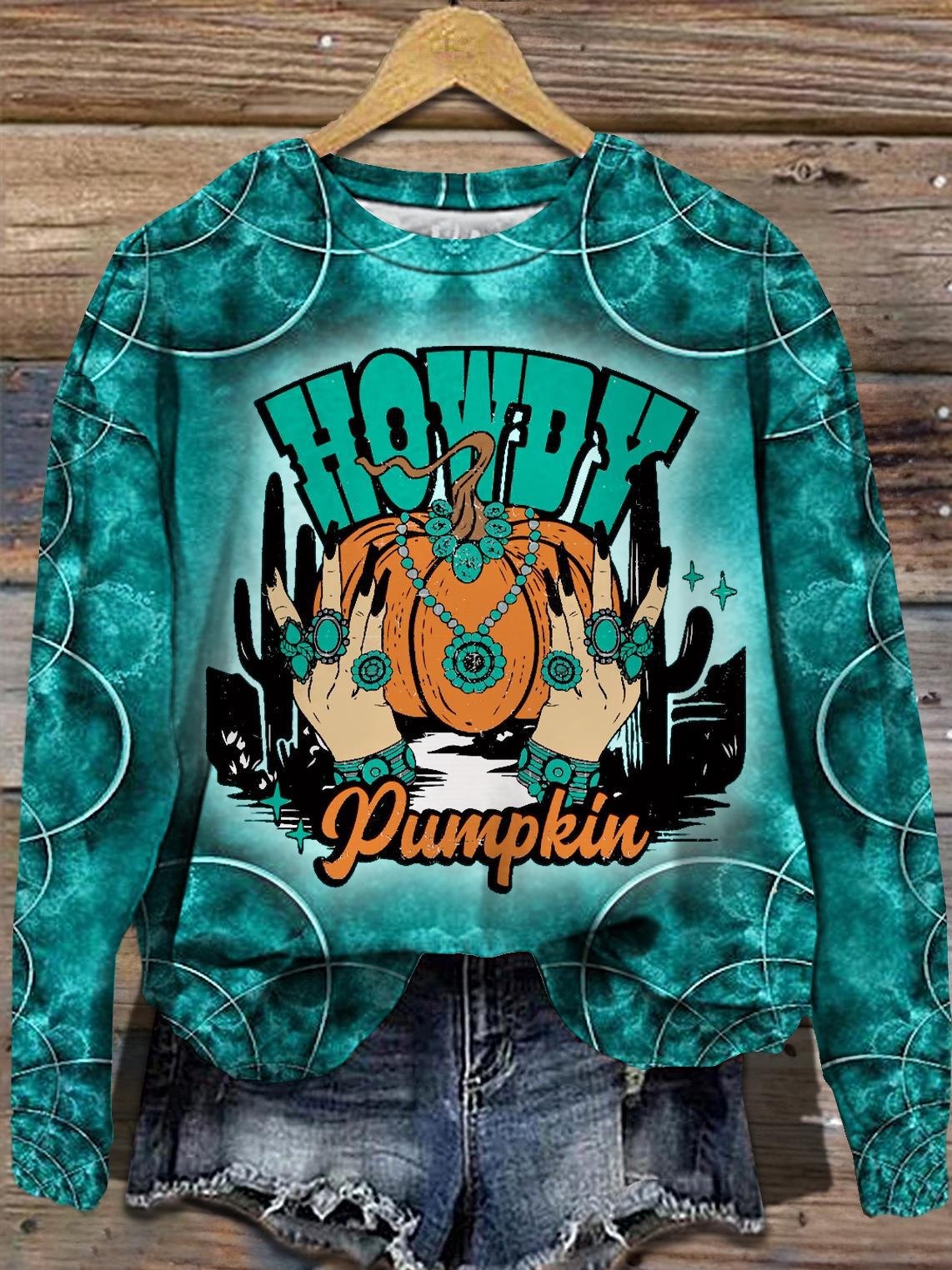 Women's Fall Turquoise Pumpkin Halloween Round Neck Long Sleeve Top