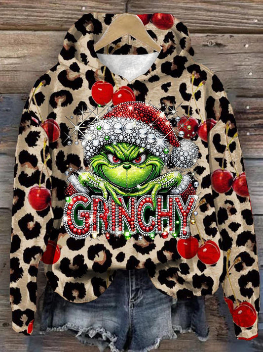 Women's Grinchy Faux Sequin Cherry Leopard Print Long Sleeve Top