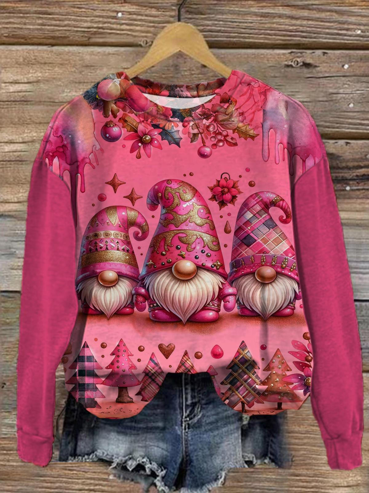 Women's Christmas Cute Gnome Round Neck Long Sleeve Top