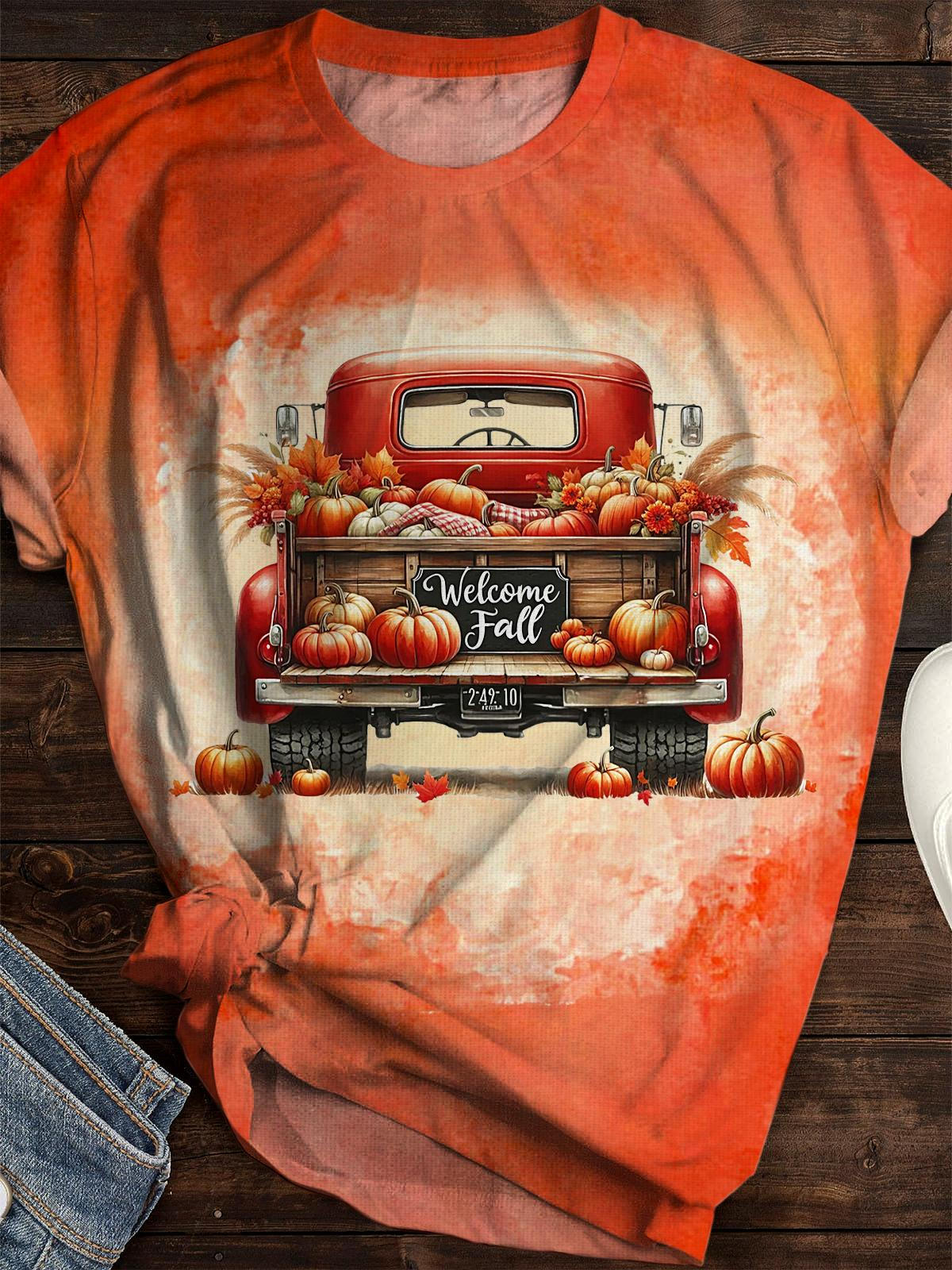 Women's Autumn Pumpkin Cart Autumn Harvest Crew Neck T-shirt