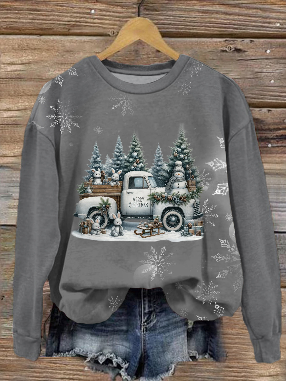 Merry Christmas Snowman Truck Snowflake Printed Long Sleeve Top