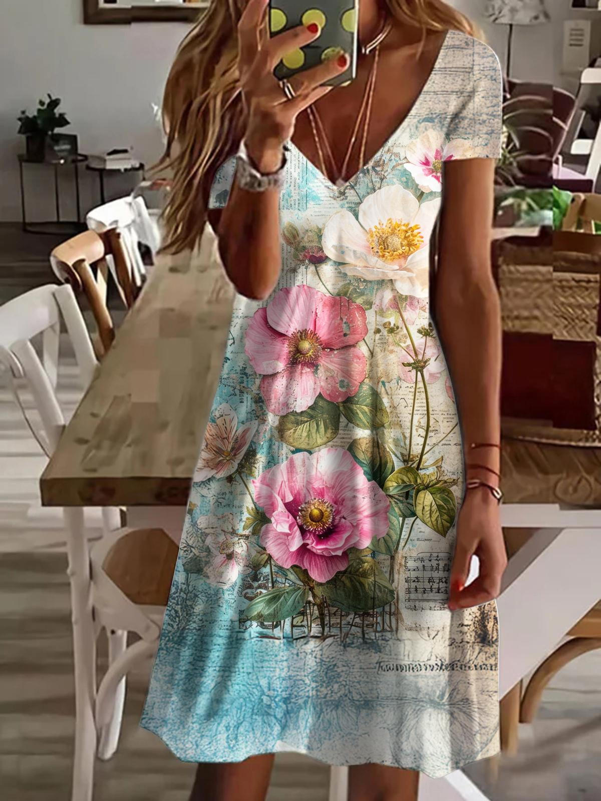 Women's Retro Flowers V-Neck Short Sleeve Dress