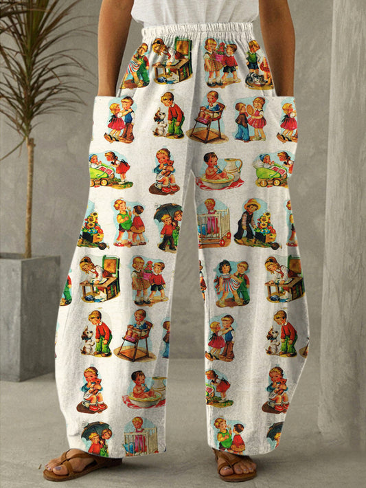 Vintage Children Print Casual Pants