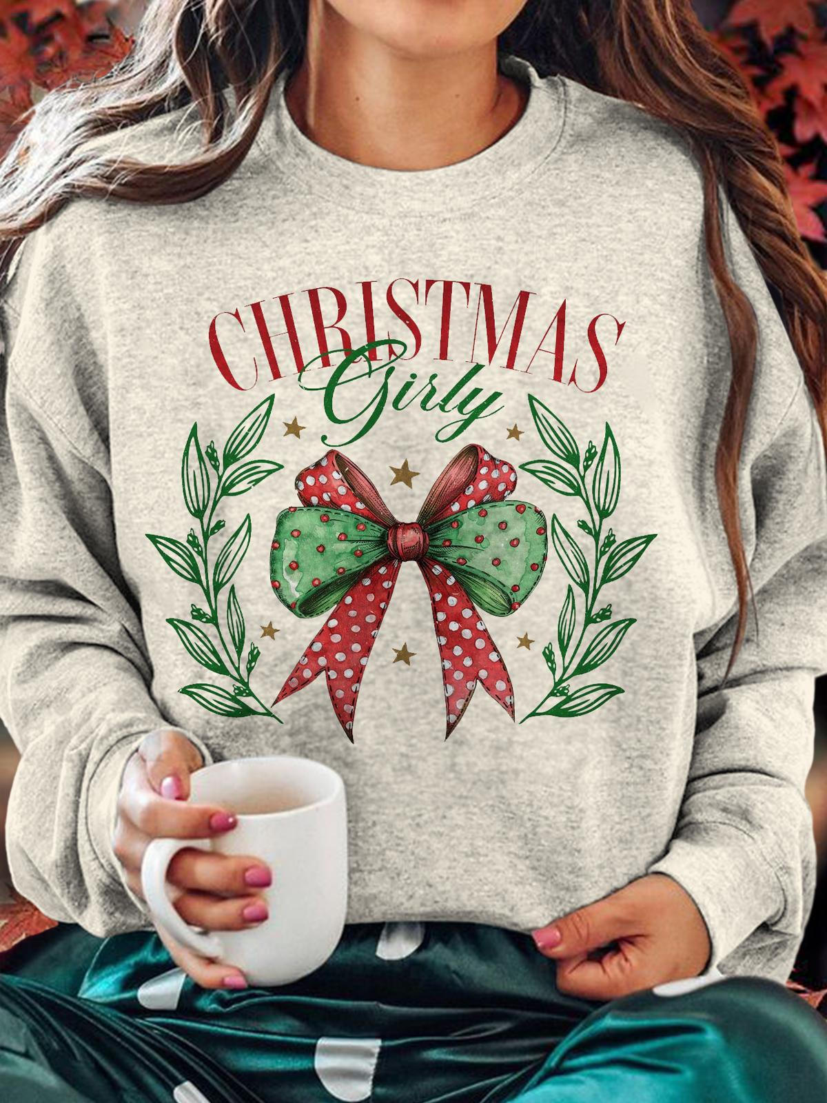 Christmas Girly Coquette Bow Printed Long Sleeve Casual Top