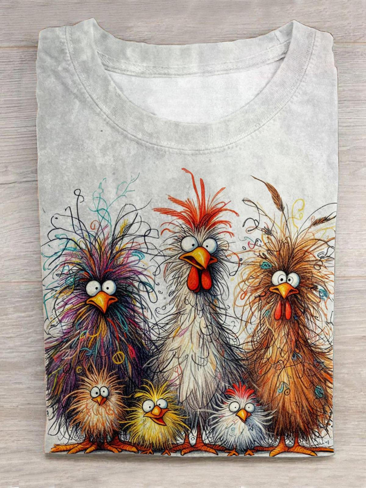 Line Drawing Of Chicken Pattern Crew Neck T-Shirt