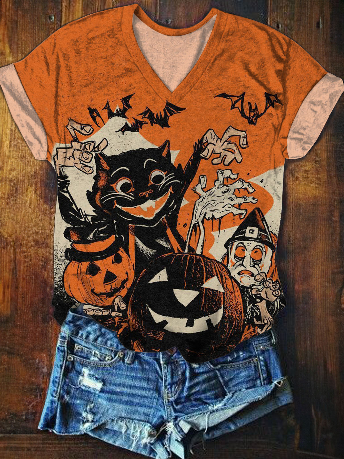 Halloween Cat And Pumpkin Print Short Sleeve T-shirt