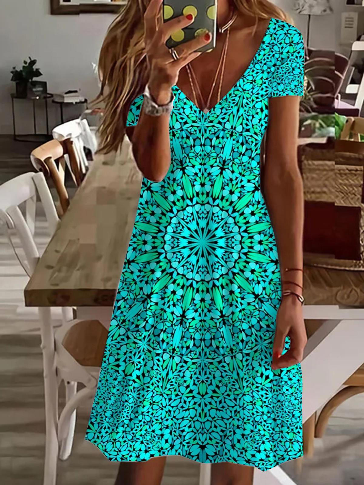 Retro Mandala Pattern V Neck Short Sleeve Dress