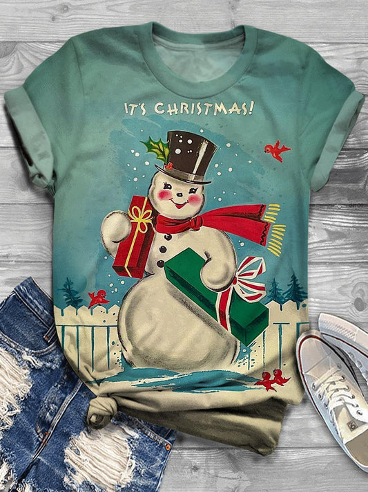 Women's Christmas Snowman Vintage Print Crew Neck T-Shirt