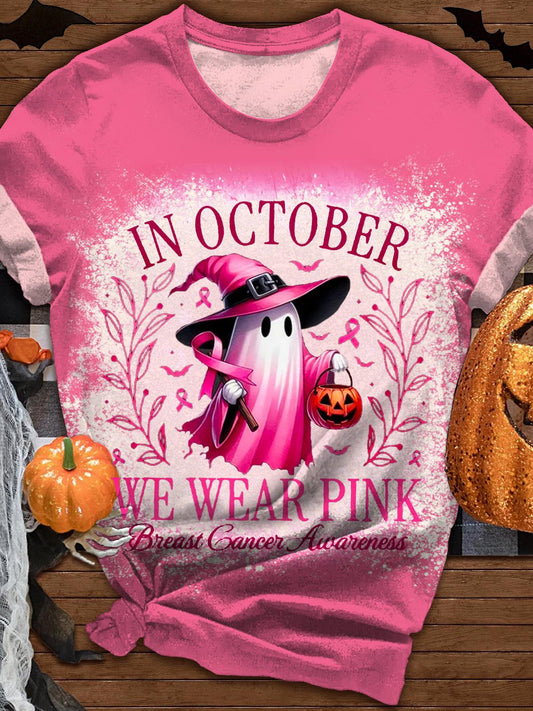 Women's October Wear Pink Halloween Retro Breast Cancer Crew Neck T-shirt