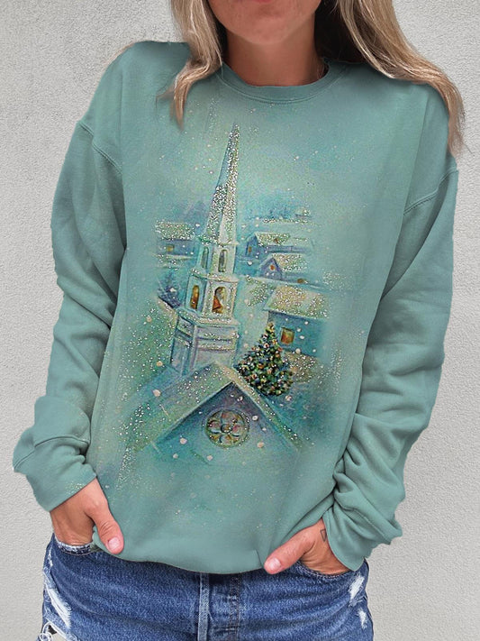 Women's Christmas Eve Printed Round Neck Long Sleeve Top