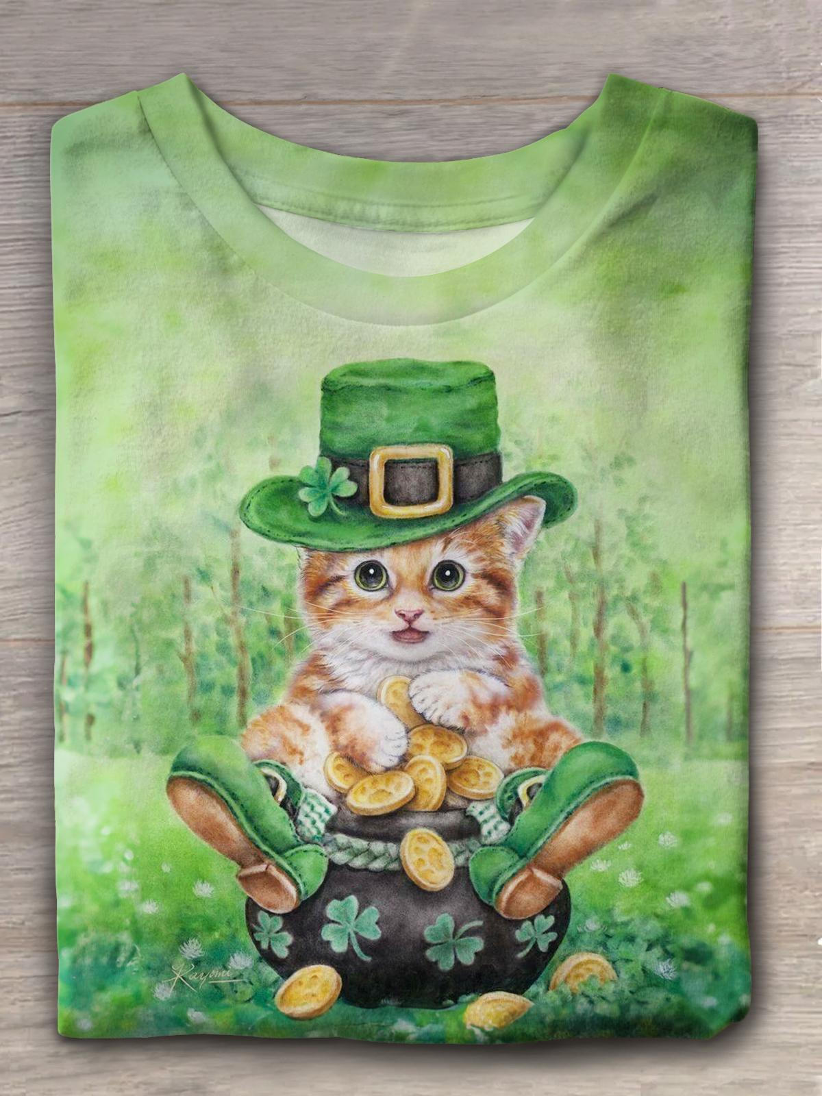 St Patrick's Cat Print Crew Neck T-shirt