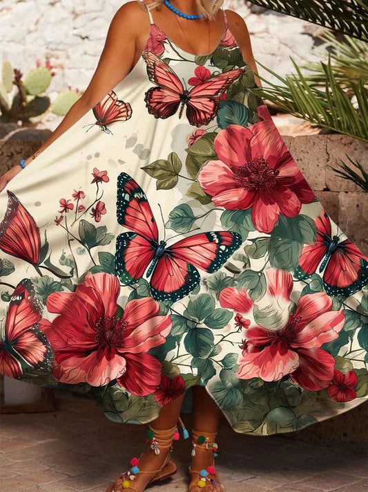 Women's Flowers And Butterflies On Vacation Print Casual Spaghetti Strap Dress