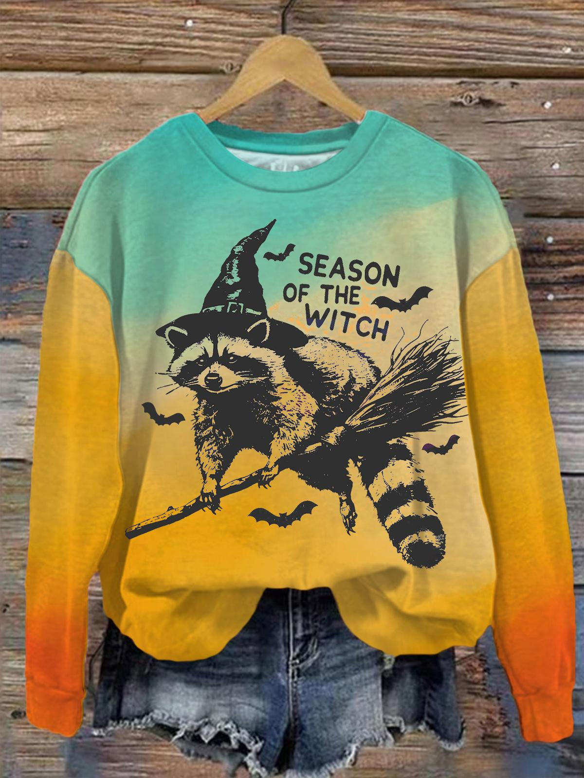 Season Of The Witch Raccoon Printed Long Sleeve Casual Top