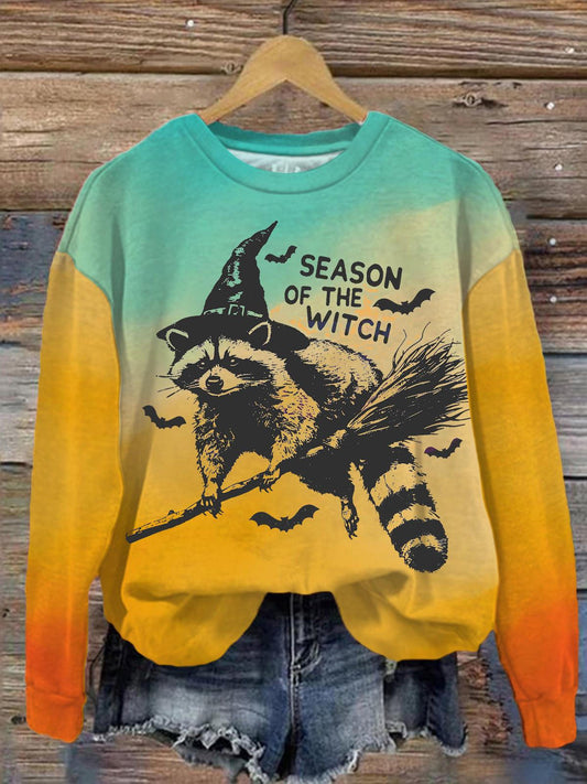 Season Of The Witch Raccoon Printed Long Sleeve Casual Top