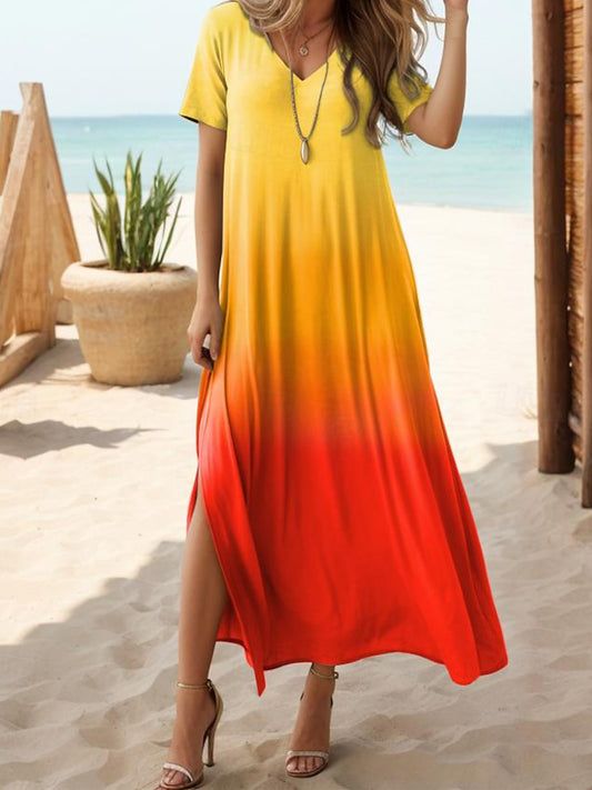 Sunset Gradient Short Sleeve V Neck Maxi Dress