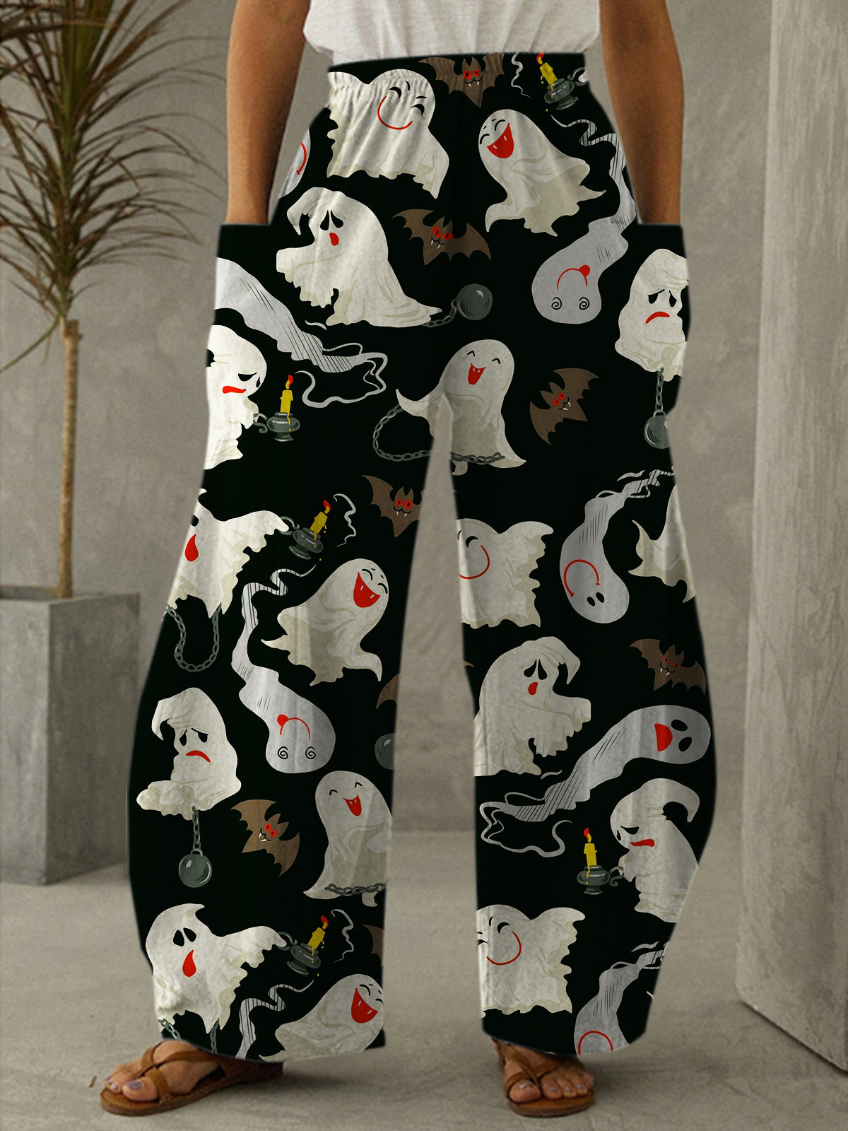 Halloween Elf Print Elastic Waist Loose Trousers