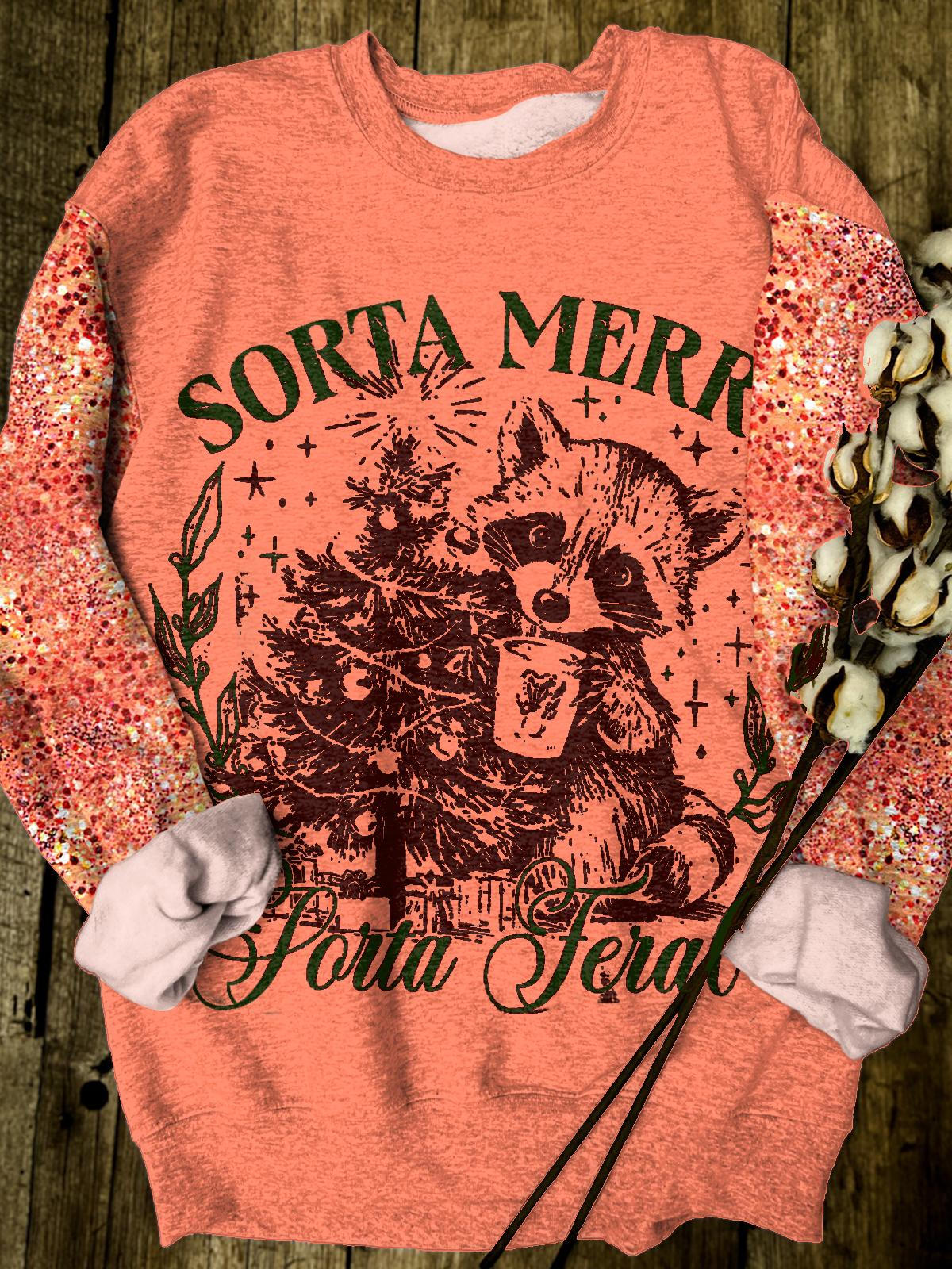 Women's Christmas Sorta Merry Sorta Feral Round Neck Long Sleeve Top