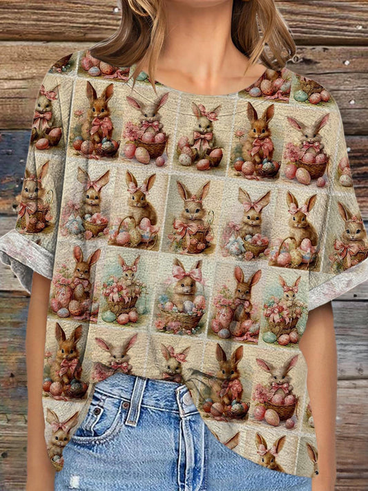 Retro Cute Easter Bunny Round Neck Drop Shoulder Short Sleeve T-shirt