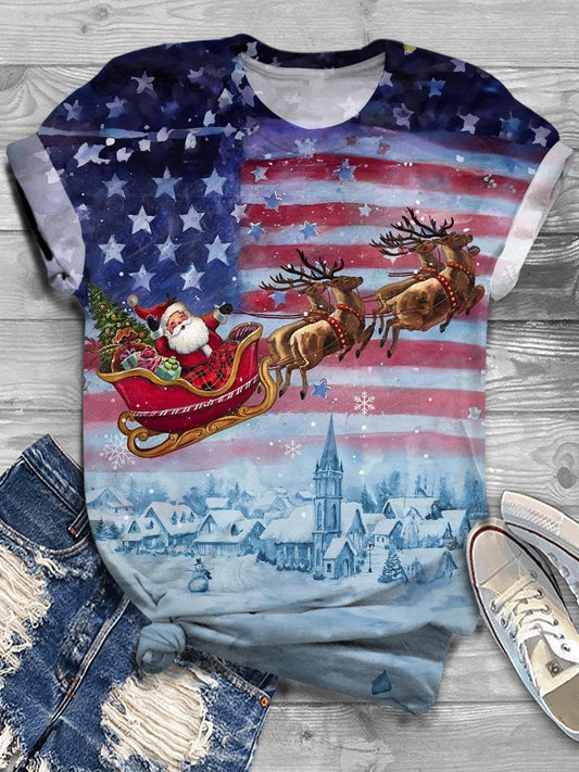 Santa Claus With American Flag Crew Neck T-shirt