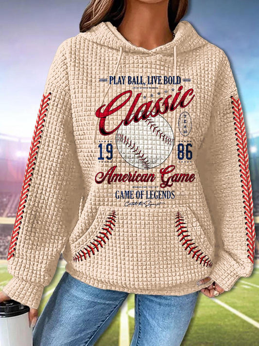 Retro Baseball Game Long Sleeve Waffle Hoodie