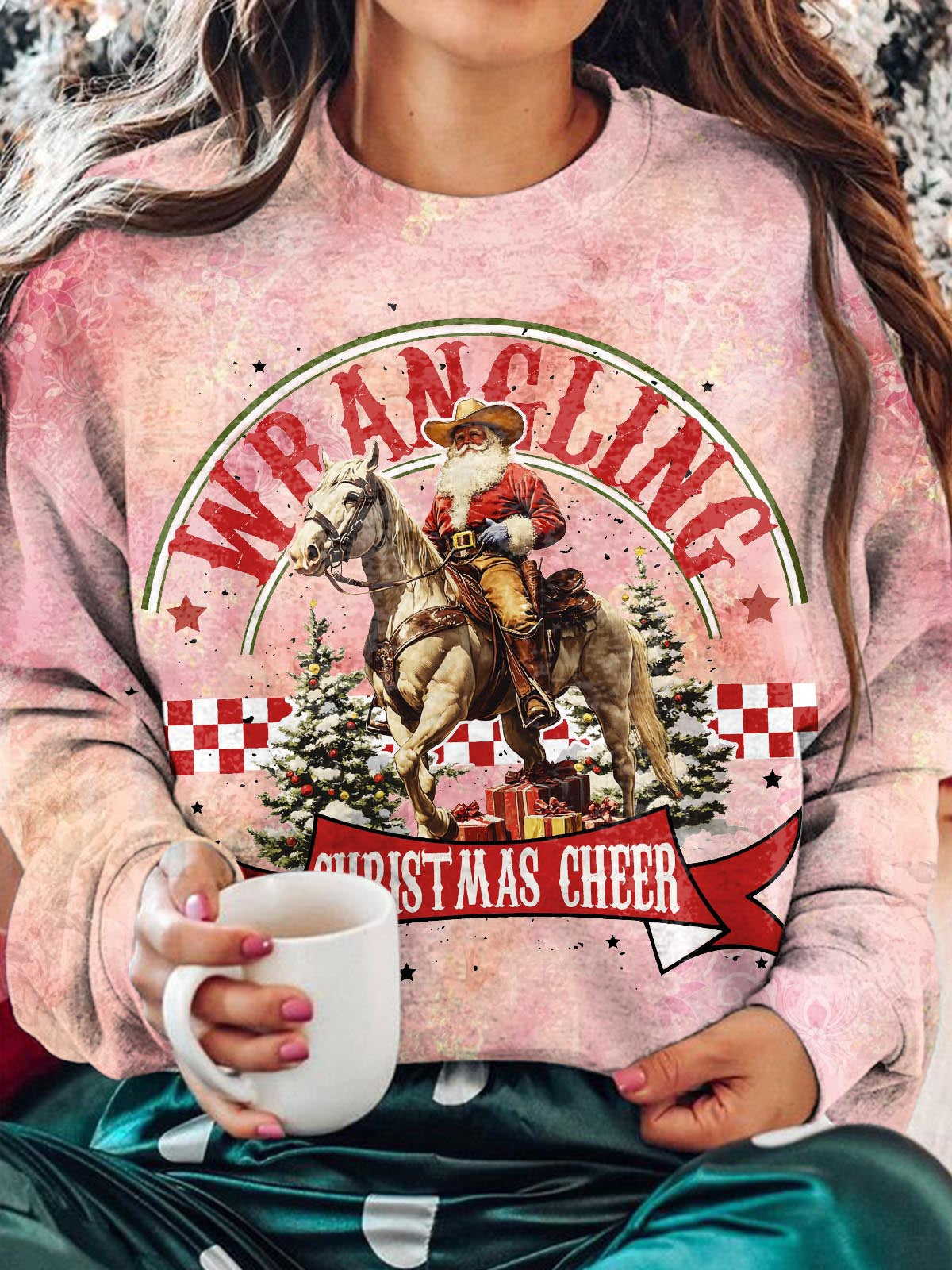 Wrangling Christmas Cheer Santa Claus Western Print Long Sleeve Top