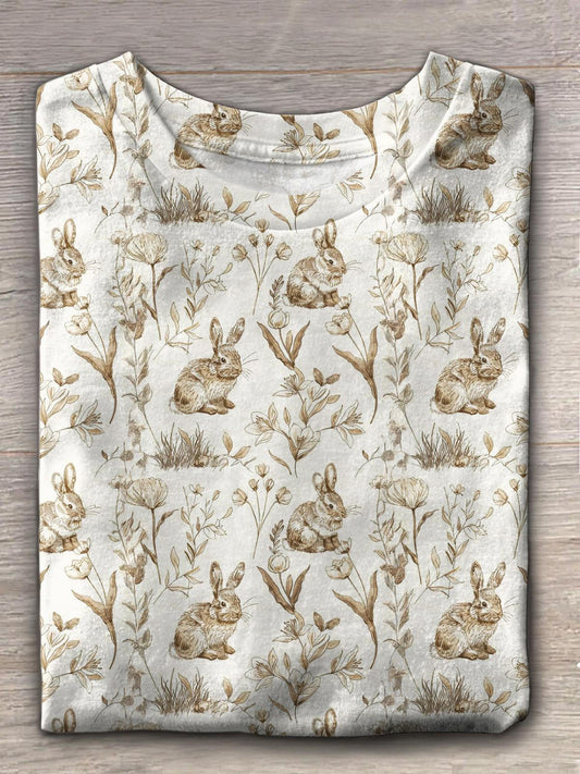 Happy Easter Floral Easter Rabbit Crew Neck T-shirt