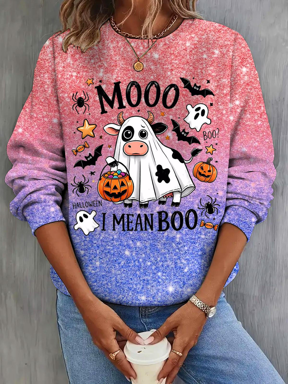 Women's Mooo I Mean Boo Halloween Print Crew Neck Casual Top