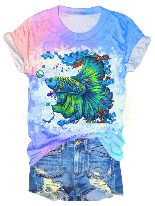 Women's Summer Fish Gradient Vacation T-shirt Top