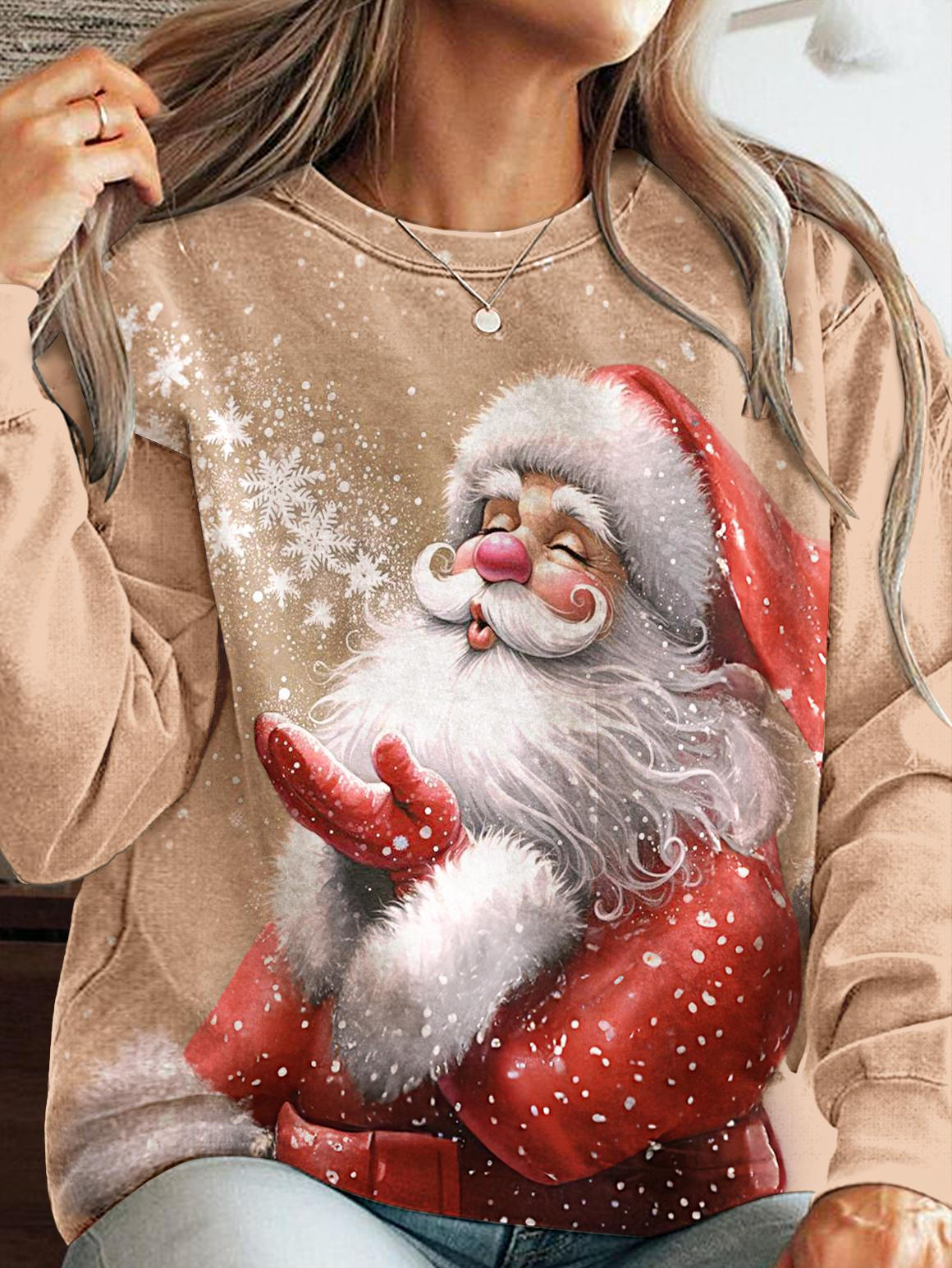 Women's Santa Blowing Snowflake Crew Neck Casual Sweatshirt