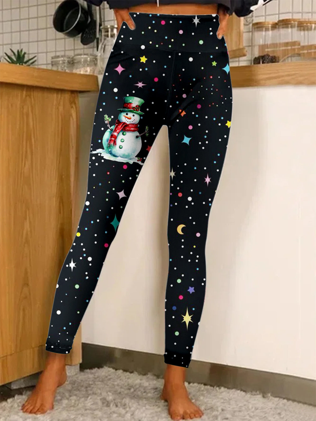 Shiny Christmas Snowman Print Leggings