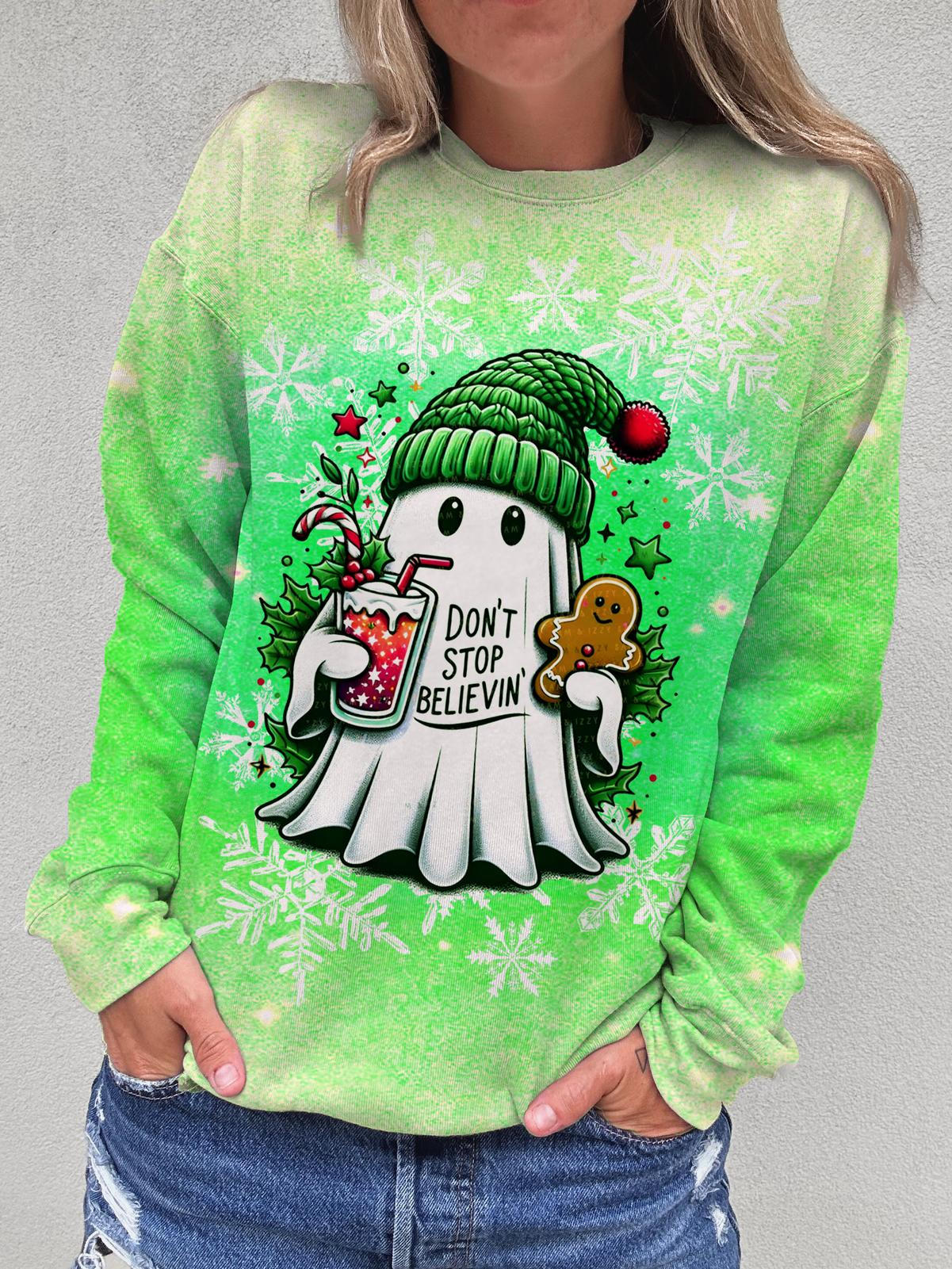 Women's Retro Christmas Ghost Round Neck Long Sleeve Top