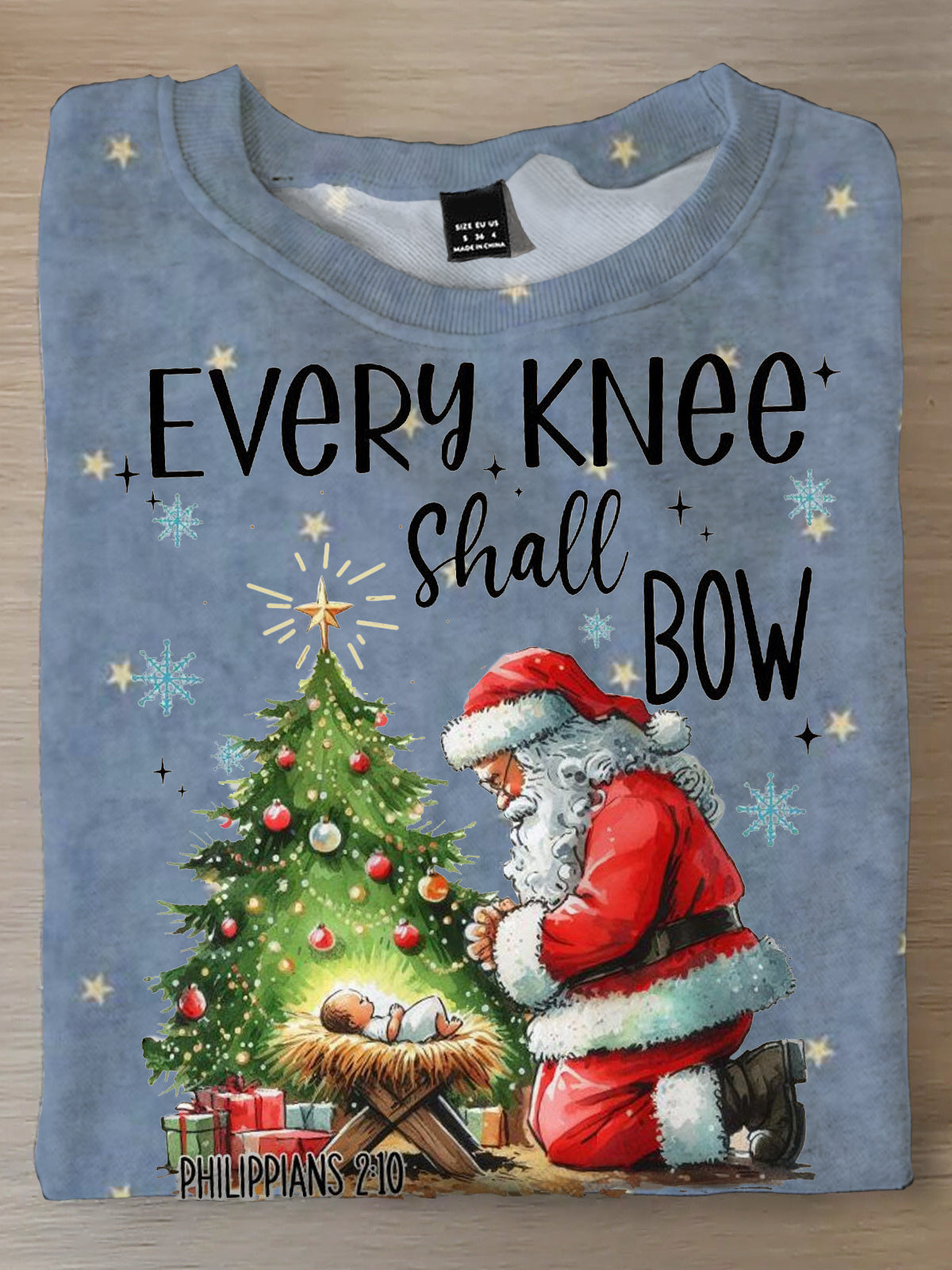 Every Knee Shall Bow Santa Print Long Sleeve Top