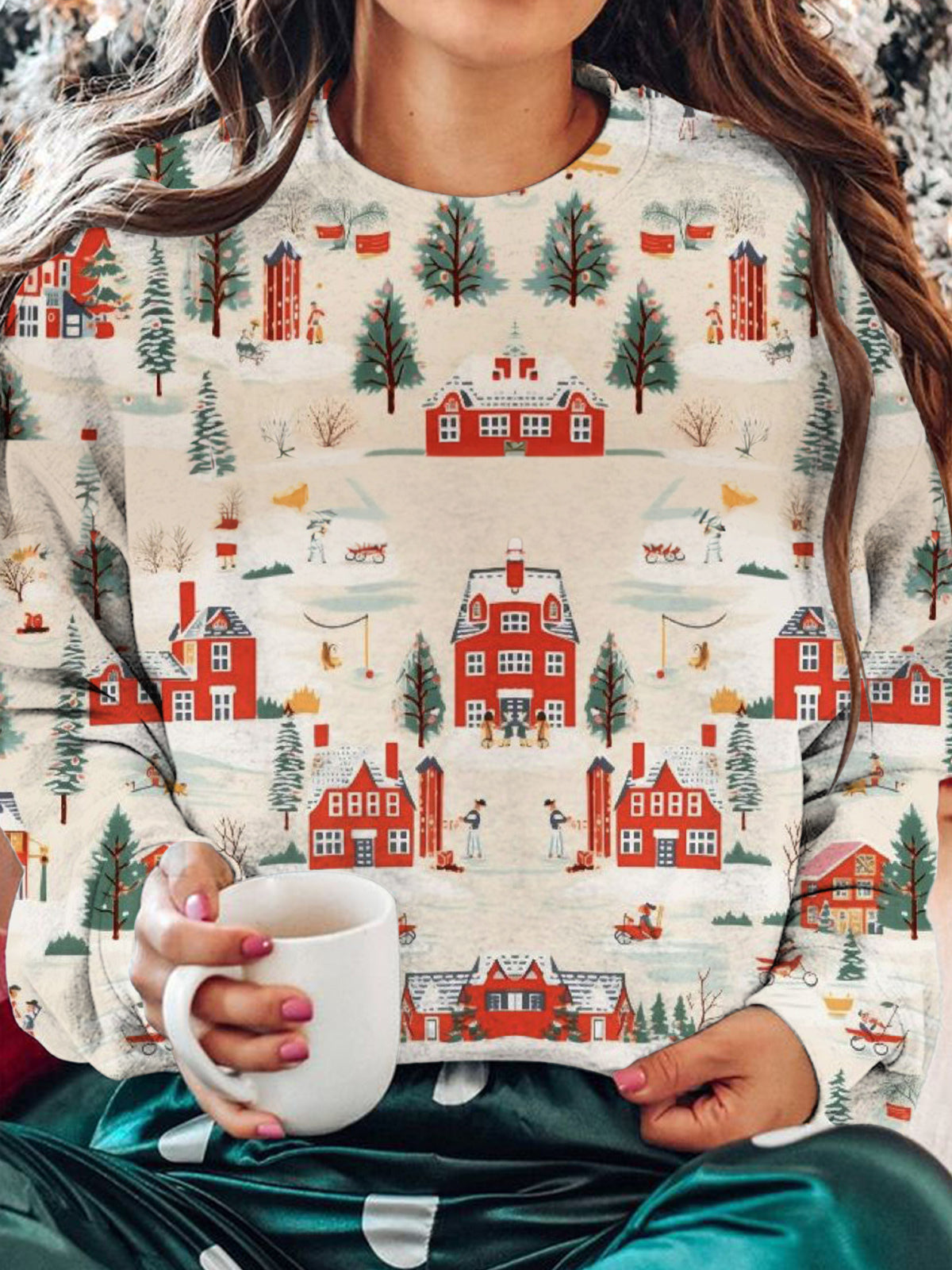 Women's Christmas Snow Scene Printed Casual Long Sleeve Top