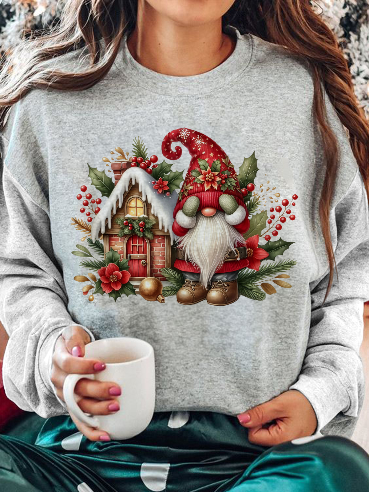 Christmas Gnome Printed Long Sleeve Casual Top