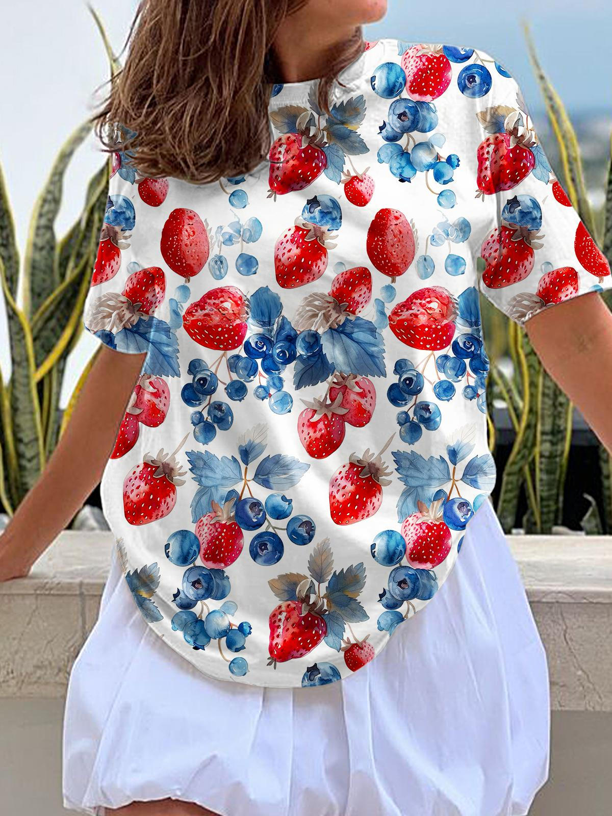 Spring And Summer Strawberry Blueberry Print Crew Neck T-shirt