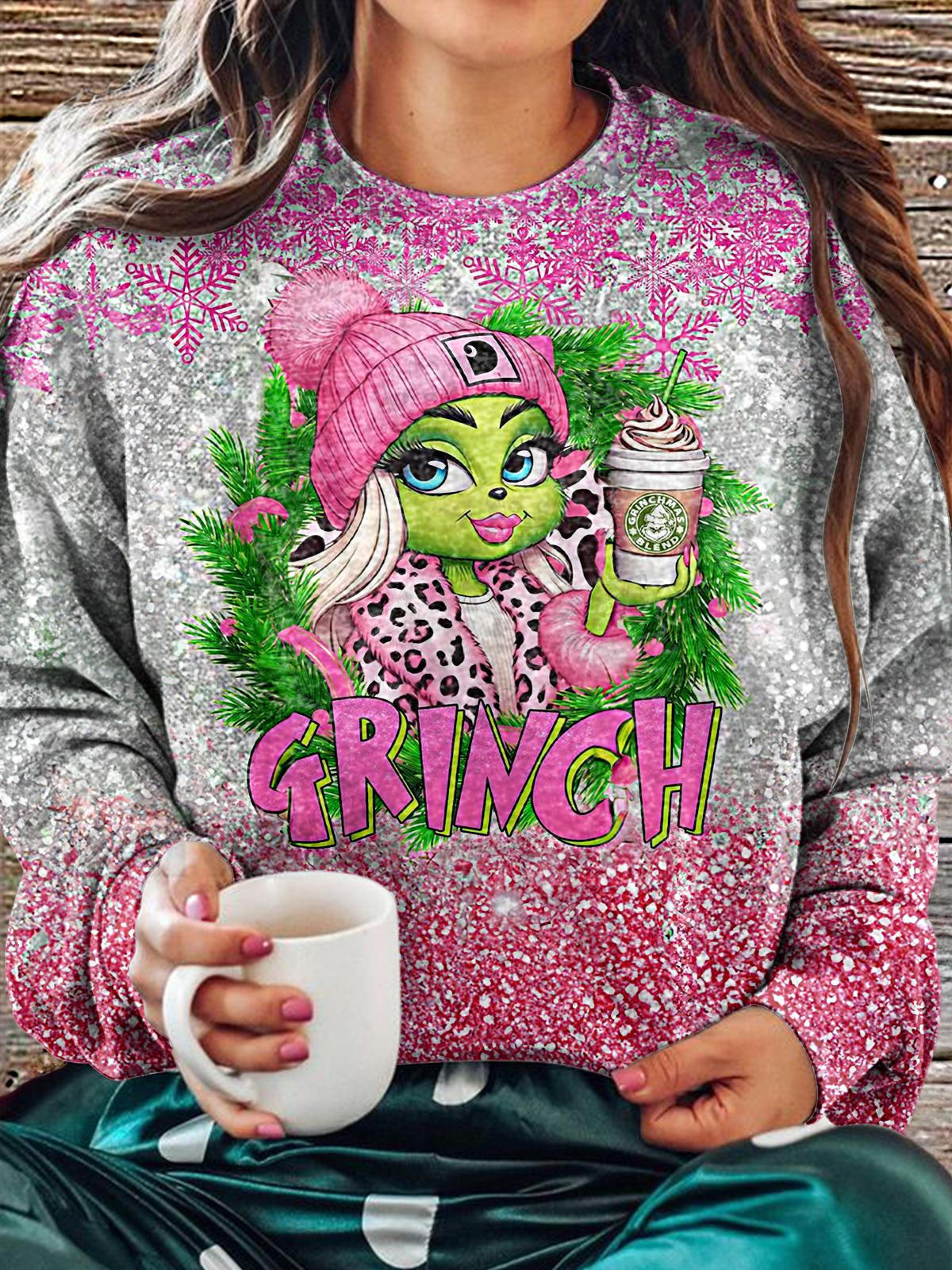 Women's Christmas Boujee Glitter Crew Neck Casual Sweatshirt