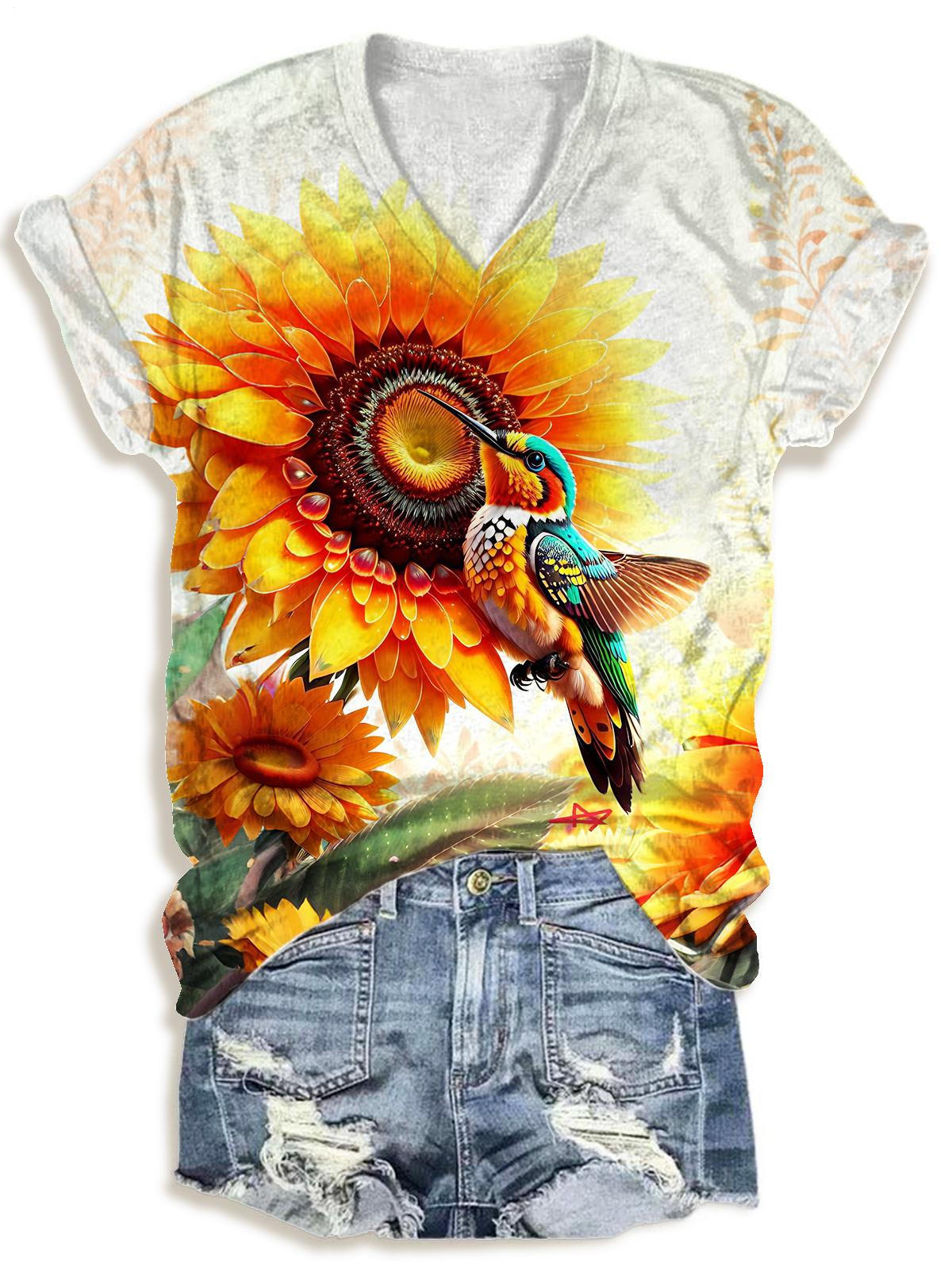 Vintage Sunflower Hummingbird V-neck T-Shirt