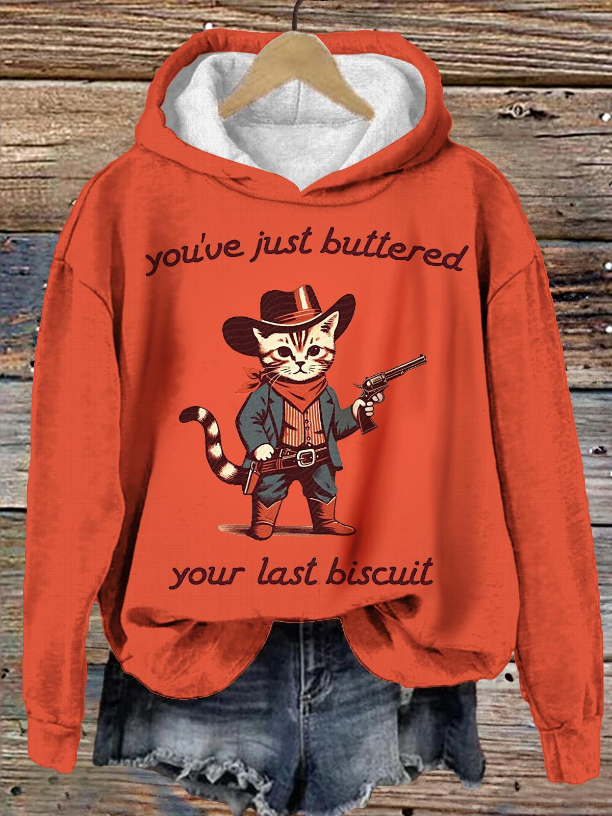 Women's You've Just Buttered Cat Denim Country Fun Irony Long Sleeve Printed Hoodie