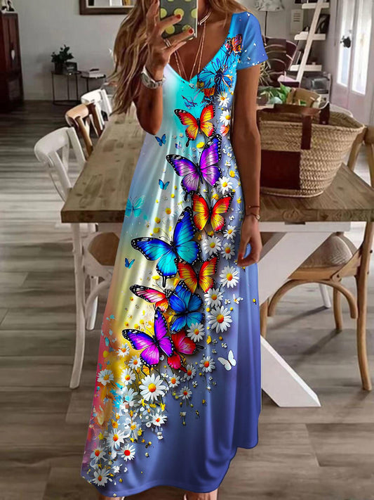 Fantasy Butterfly Print Short Sleeve V Neck Maxi Dress