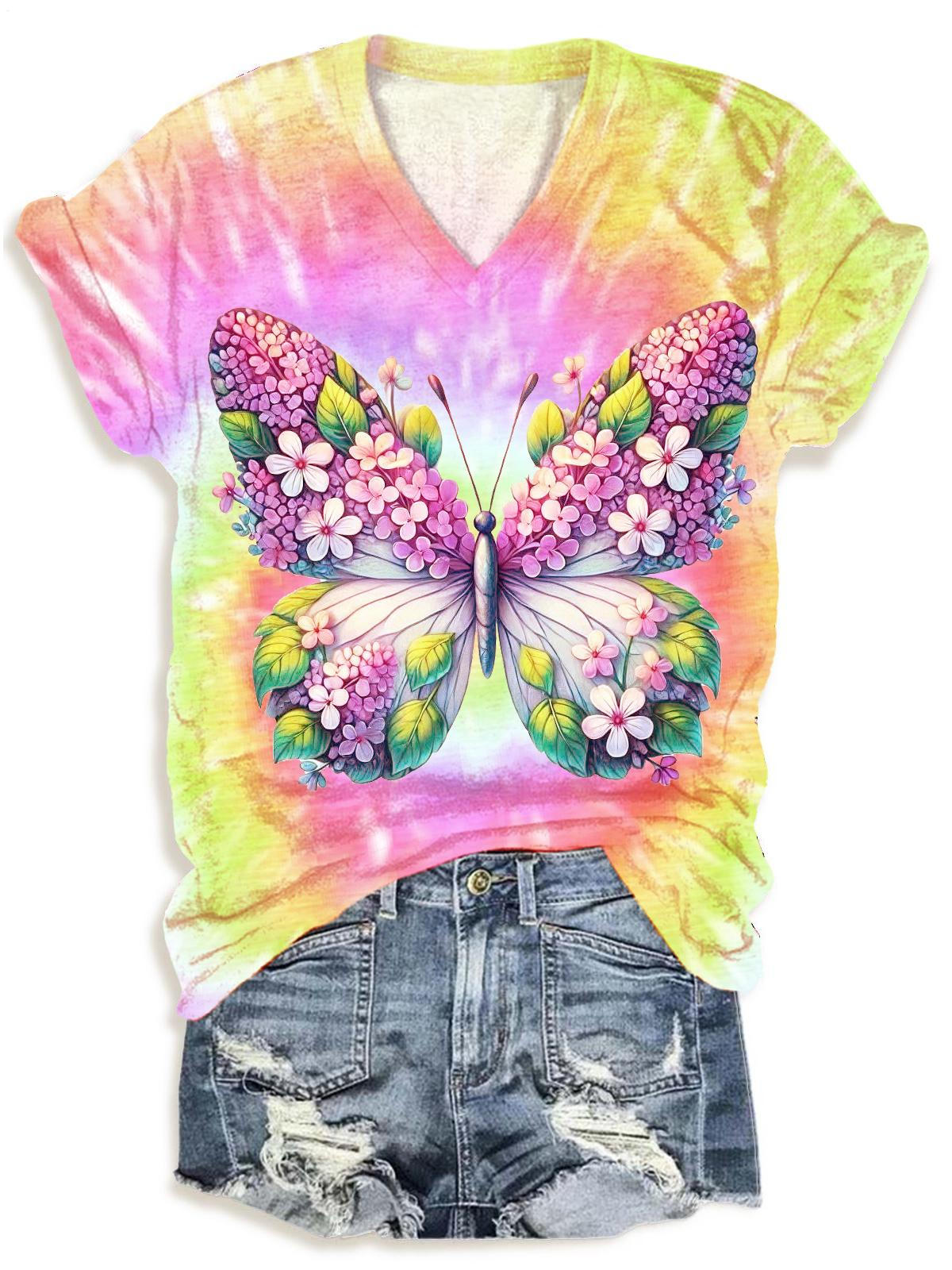 Spring Colorful Tie Dye Butterflies V-neck T-Shirt