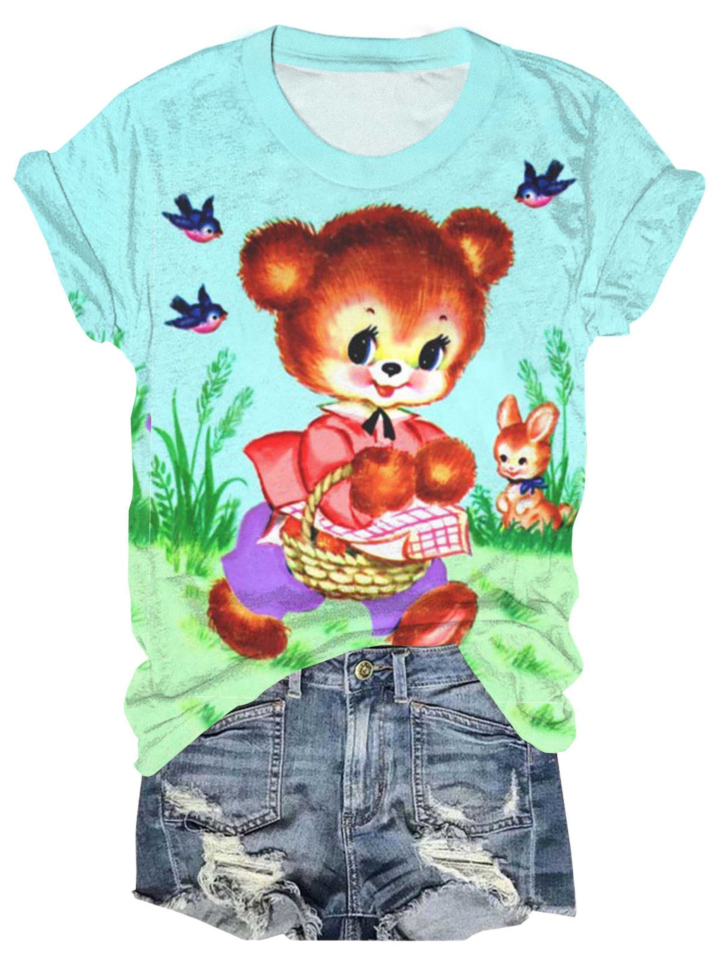 Vintage Garden Teddy Bear Print Crew Neck T-Shirt