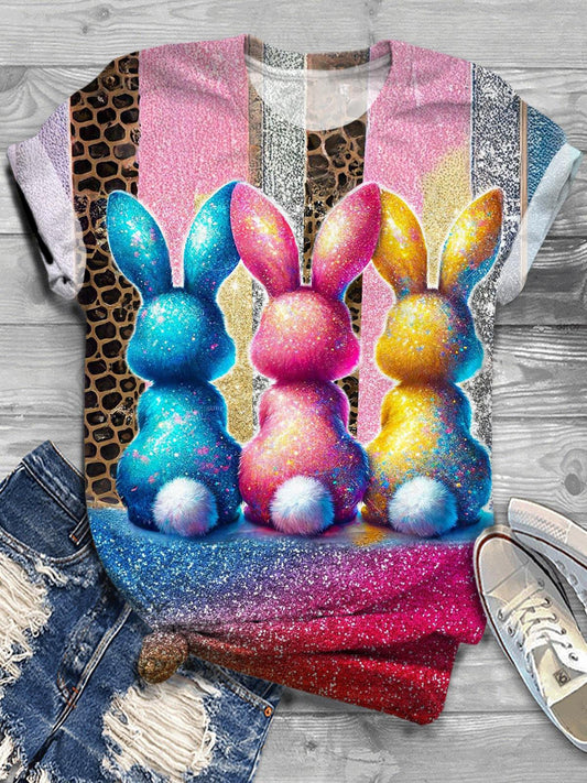 Colorful Easter Bunny Leopard Print Crew Neck T-shirt