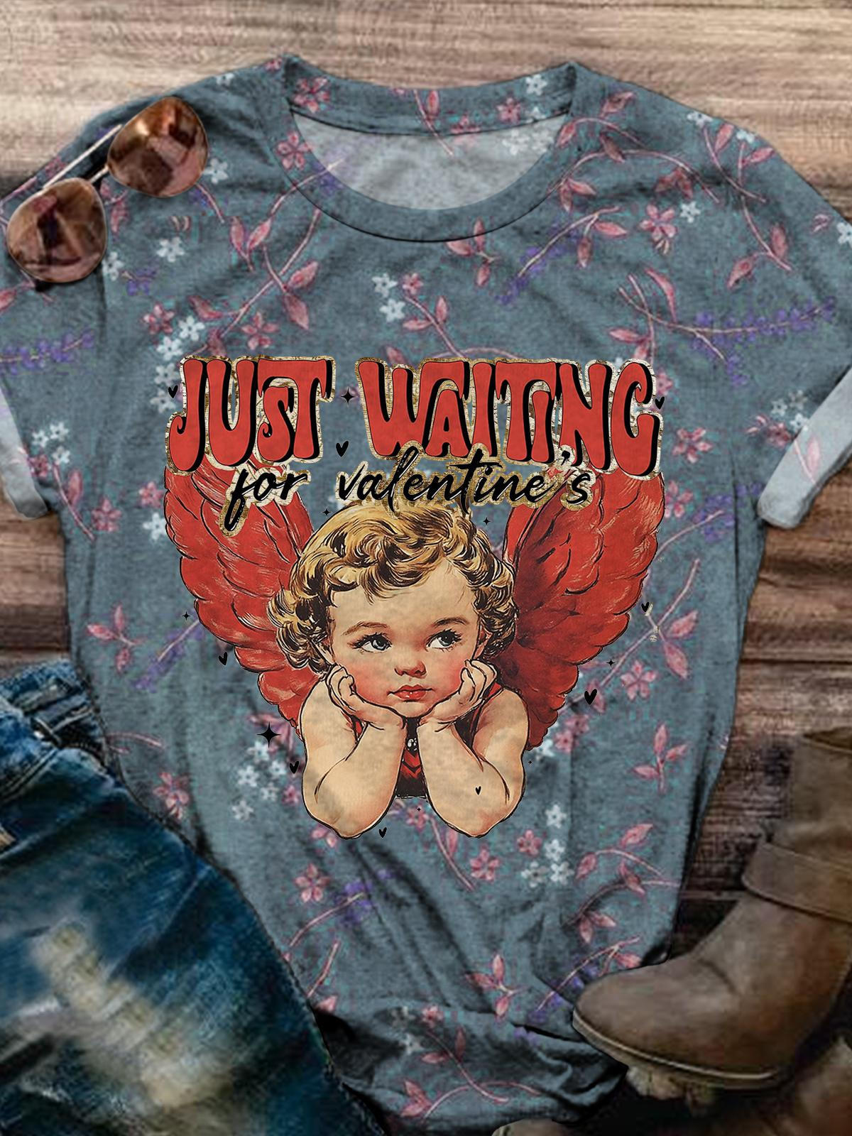 Just Waiting For Valentine's Angel Vintage Print Casual T-shirt