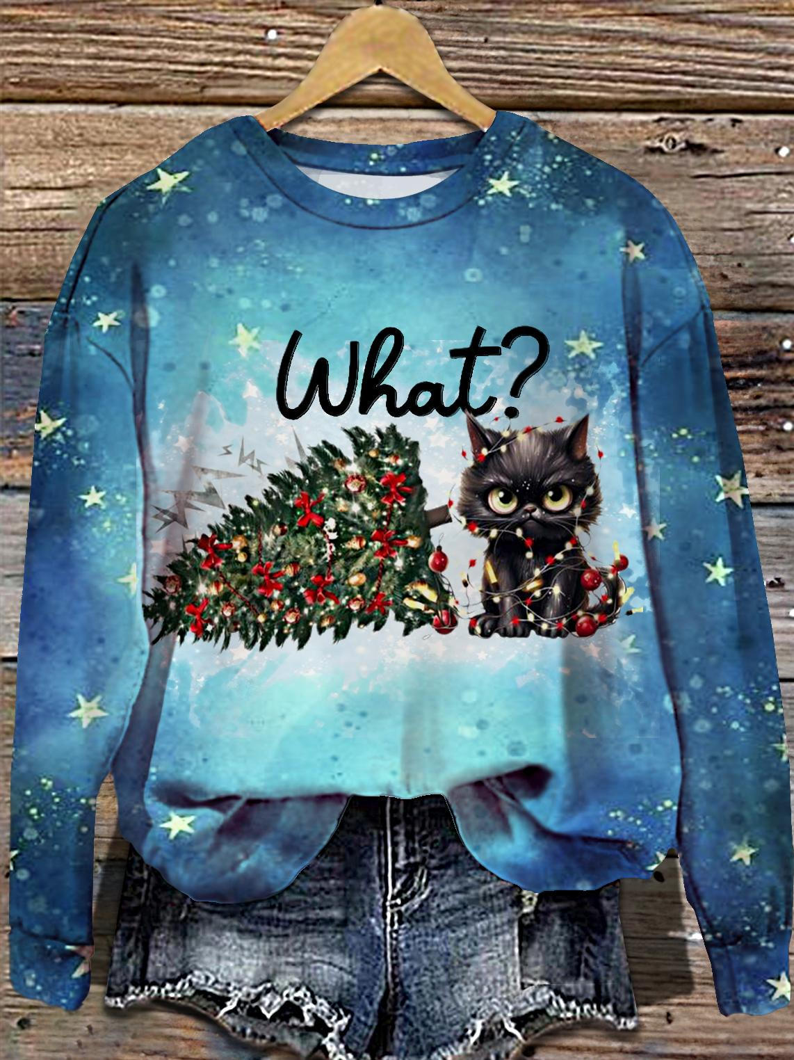 Women's Funny What Kitten Christmas Tree Round Neck Long Sleeve Top